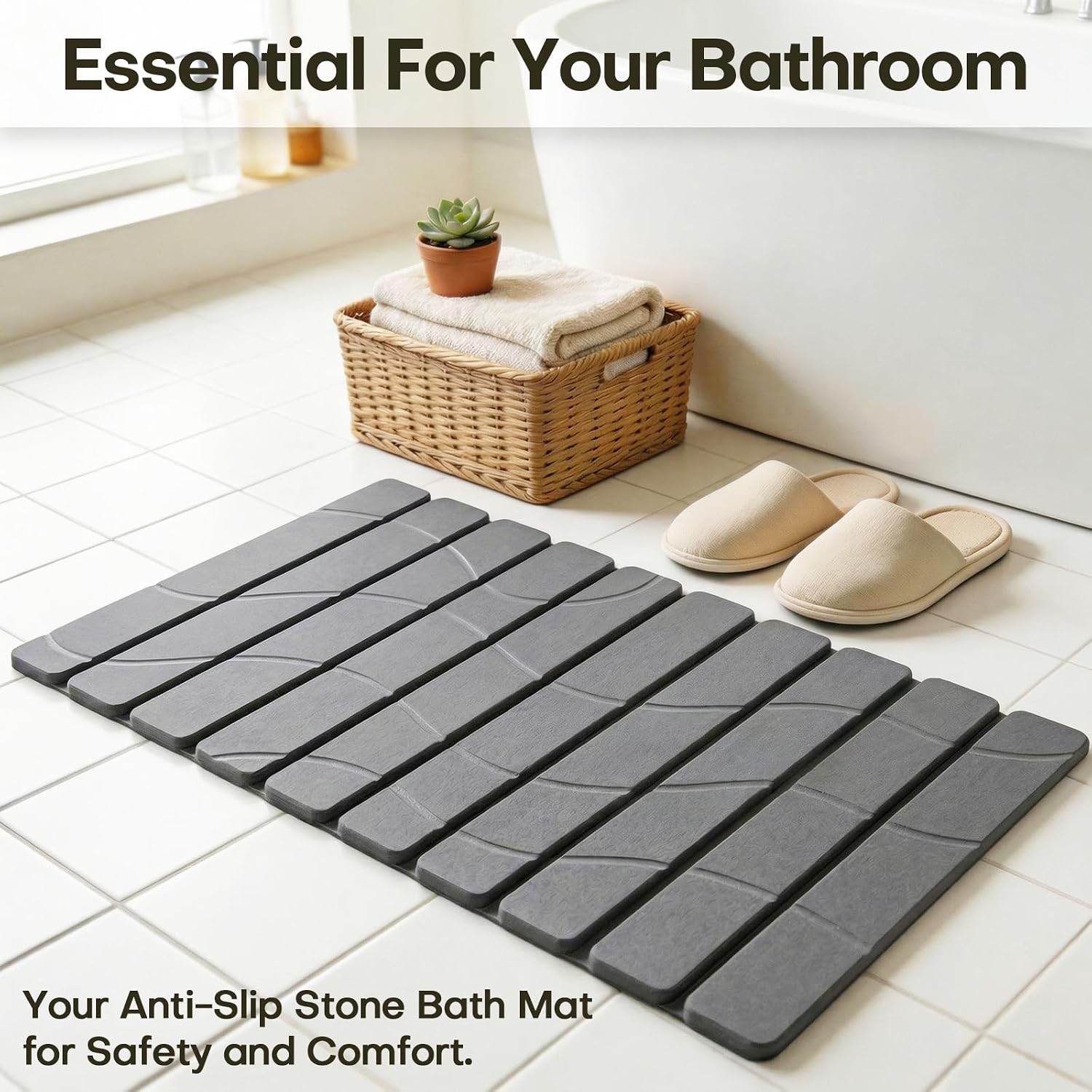 Linidcoud Foldable Stone Bath Mat, Non Slip Large Diatomaceous Shower Mat, Super Absorbent Quick Drying Stone Mat for Bathroom Kitchen Floor Counter Sink,Easy to Clean & Store (24 x 16 Dark Gray)